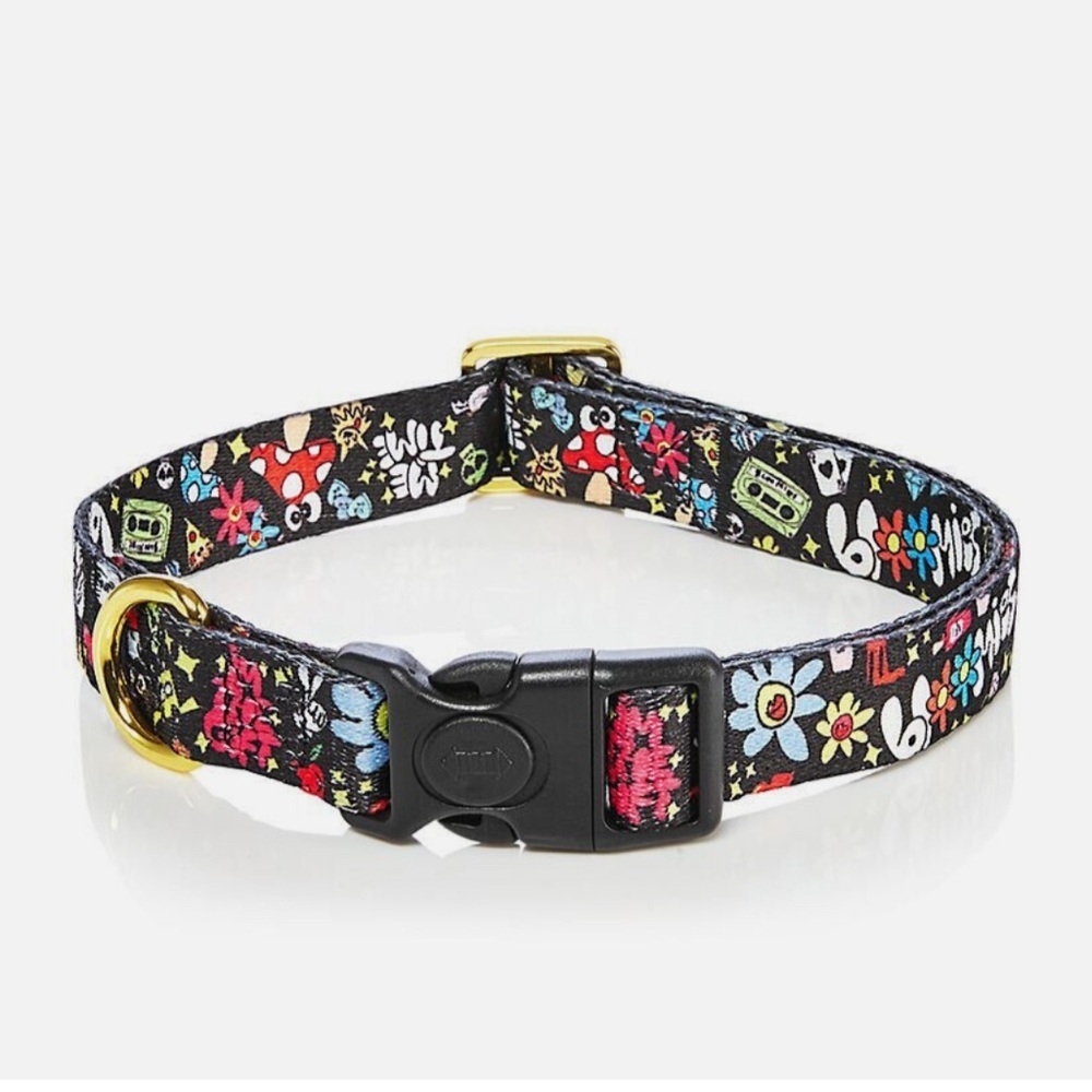 bloomies  New Black Colorful Doodle Fabric Dog Collar Small Goldtone Buckle